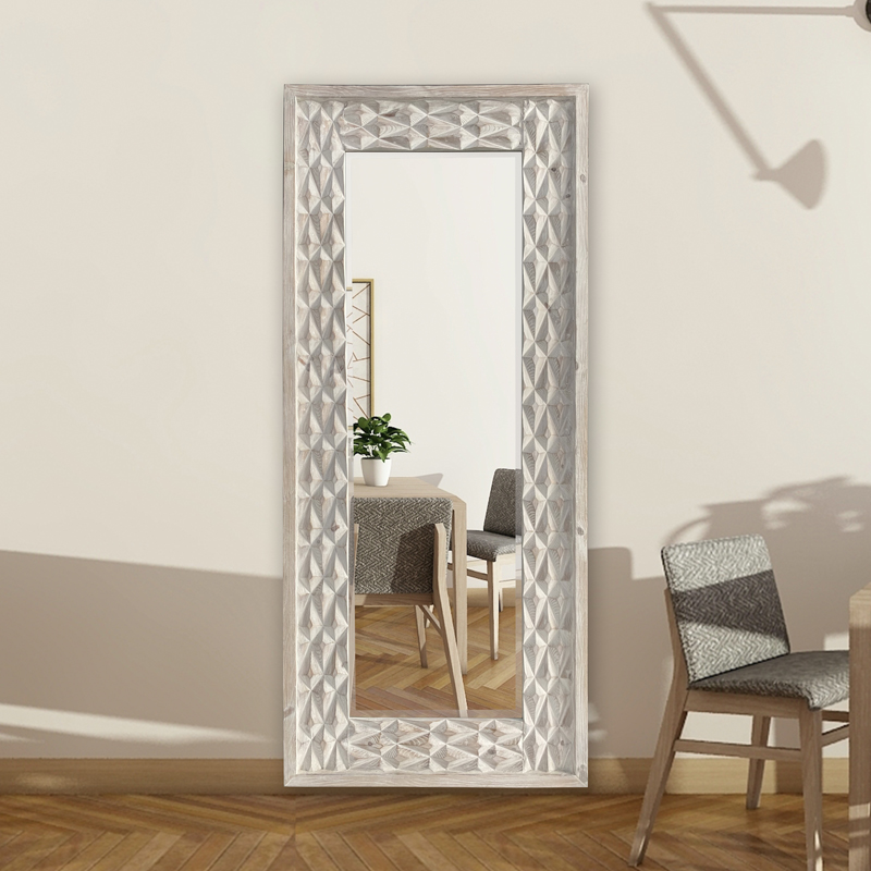 Large Full Length White Wood Carved Floor Mirror